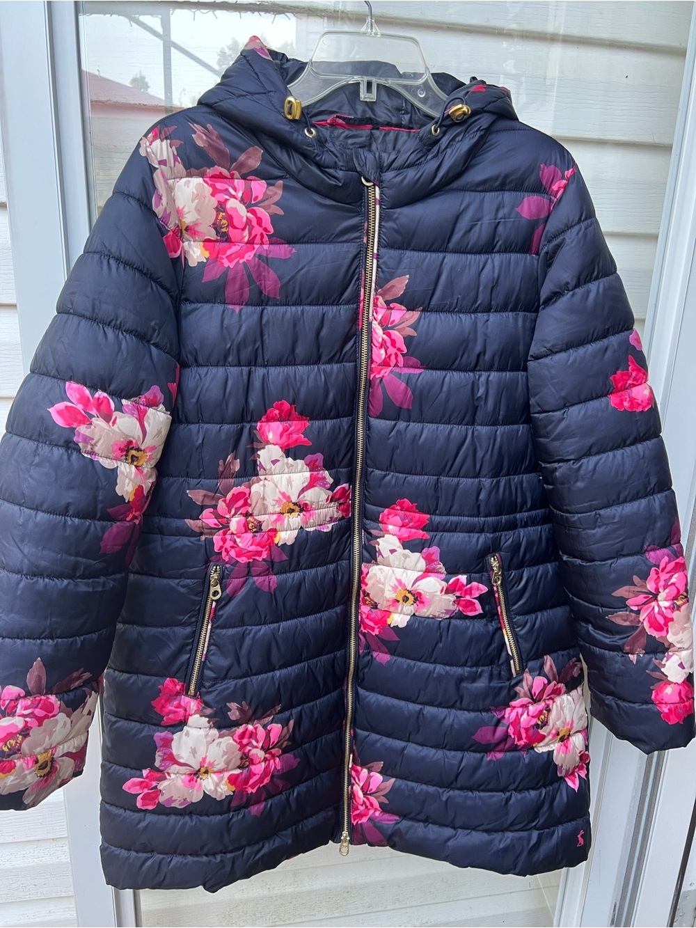 Jules Floral Chevron Quilted Puffer Jacket Bircham Bloom Navy And Pink W Size 12